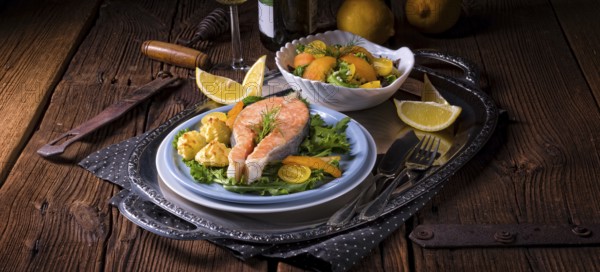 Salmon with butter fried potato puree and salad