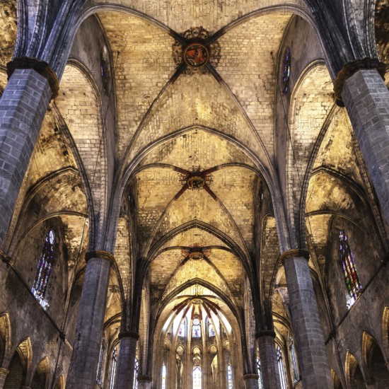 Interior of Santa Maria del Mar, the most beautiful gothic church in Barcelona