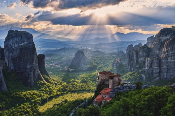 Sunset view over nunnery of Moni Agias Varvaras Roussanou and beautiful massive rocky pillars of Meteora, Greece and valley. Cloudy sky and impressive sun rays fall upon monastery. UNESCO World Heritage