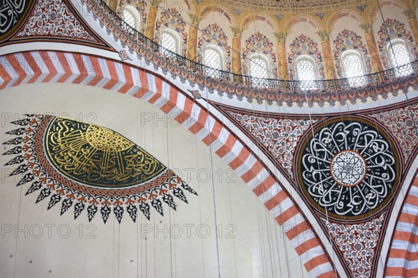 Suleymaniye Mosque (Ottoman Imperial mosque) interior ornate architecture in Istanbul, Turkey