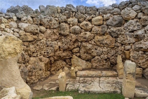 Xaghra, Malta, 20 December, 2023: detail view of the neolithic temple ruins of Ggantija on Gozo Island in Malta