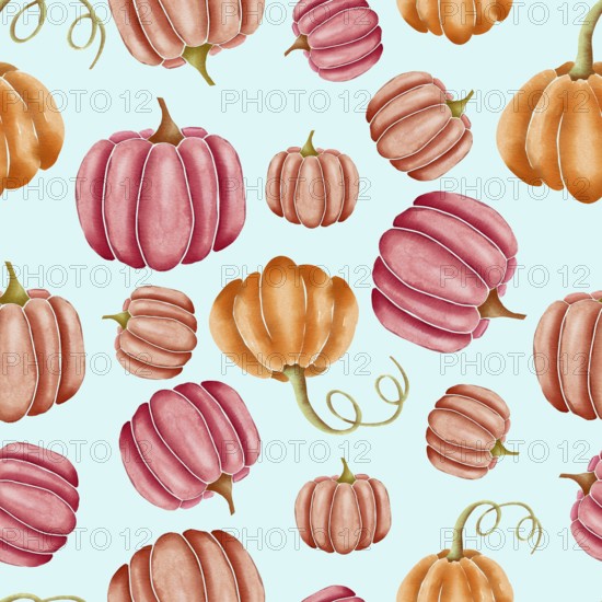 Orange and pink hand drawn watercolor pumpkins on turquoise, seamless repeating surface pattern design