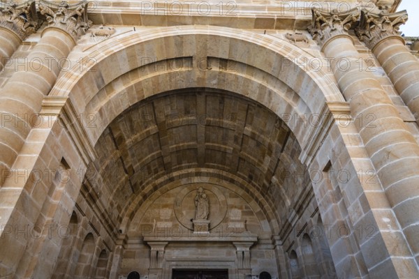 Low angle view of entrance portico to the Zamora Cathedral