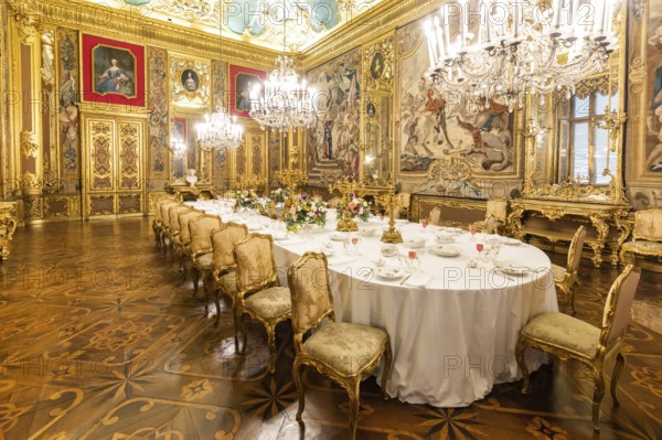 Turin, Italy, April, 2023: Royal Palace Dining Room. Luxury elegant ancient interior, circa 1860