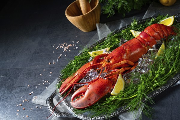 The cooked lobster on ice