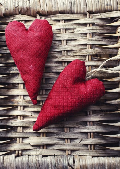 Handmade heart fabric Valentine', s day on wooden table