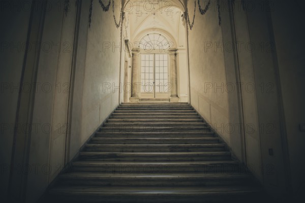 Ancient dark staircase, Grunge interior, nobody, empty building architecture, window