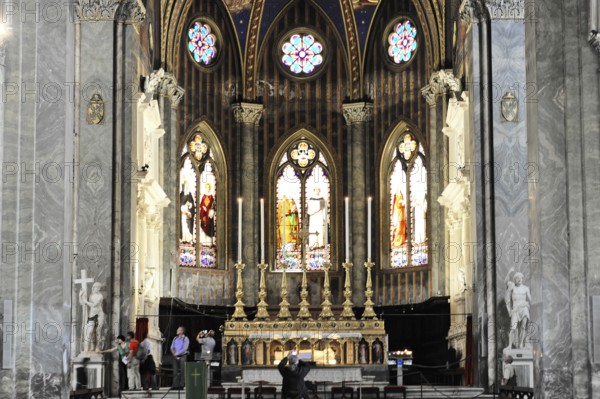 Interior view of the Gothic basilica, construction began at the end of the 13th century, Santa Maria sopra Minerva, Rome, Lazio region, Italy, Gothic church altar with magnificent stained glass windows and sacred atmosphere, Rome, Lazio, Italy