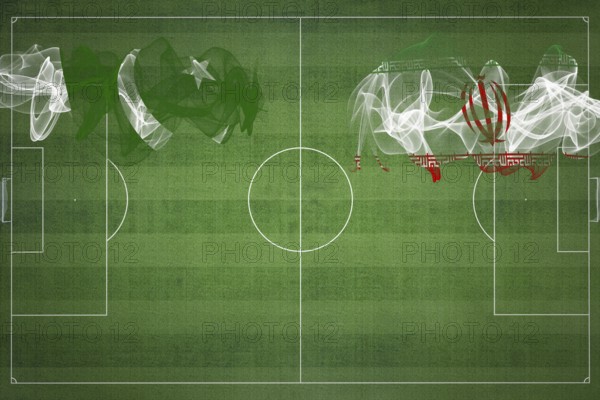 Pakistan vs Iran Soccer Match, national colors, national flags, soccer field, football game, Competition concept, Copy space