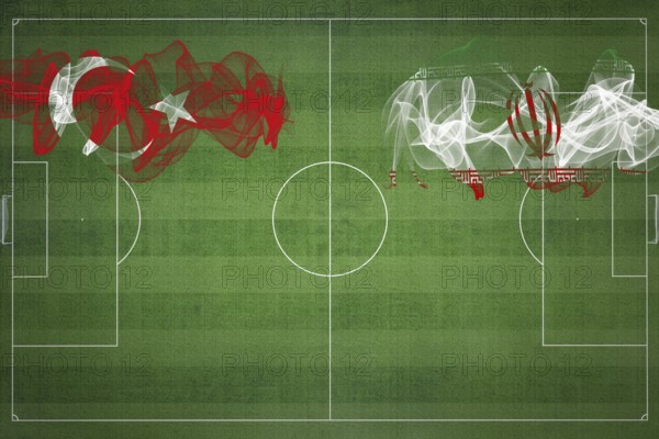 Turkey vs Iran Soccer Match, national colors, national flags, soccer field, football game, Competition concept, Copy space