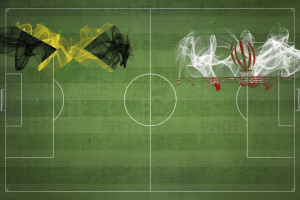 Jamaica vs Iran Soccer Match, national colors, national flags, soccer field, football game, Competition concept, Copy space