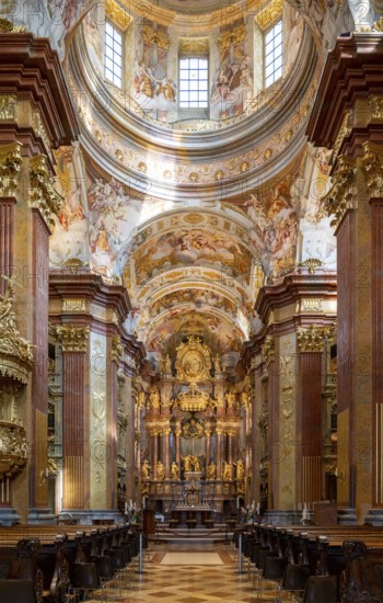 Melk, Auistria, 22 September, 2022: vertical view of the ostentatious and ornate Melk Abbey church