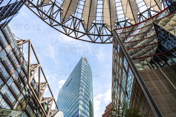 Berlin, Germany, July 28, 2019: Low angle view of the Sony Center. It is a Sony-sponsored building complex located at the Potsdamer Platz in Berlin