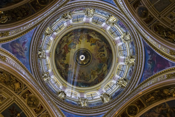 Saint Petersburg, Russia, June 16, 2019: Ray of light under the dome of the Orthodox Cathedral.Saint Isaac's Cathedral, Saint Petersburg, Russia