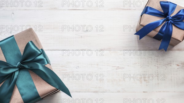 Two gift boxes in craft wrapping paper and satin ribbon on white wooden table, copy space in center. Beautiful Christmas, New Year or Birthday presents, flat lay or top view. Banner
