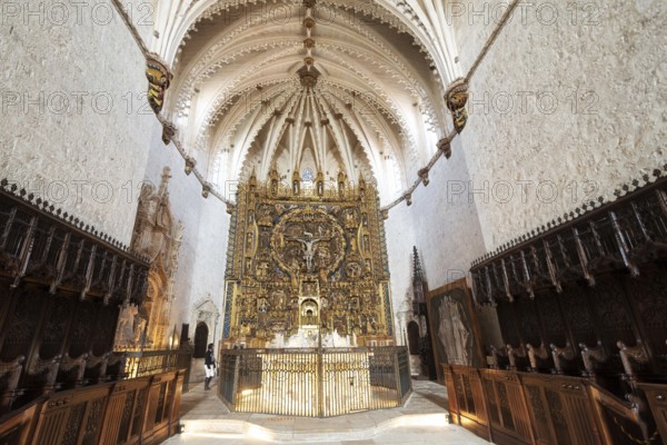 Burgos, Spain, April 13, 2019: Interior of Gothic monastery Cartuja de Miraflores in Burgos, Castilla y Leon, Spain