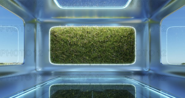 Modern futuristic interior office design with green wall plant. 3d rendering