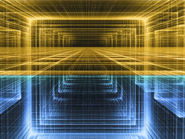 Blue and gold background - abstract computer-generated 3d illustration. Contemporary digital art: tunnel or hall with perspective and glowing lines. For sci-fi or technology design projects