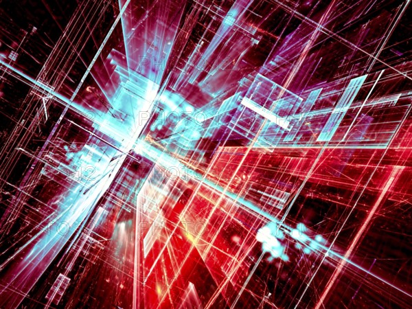Abstract future technology background - computer-generated image. Fractal art: glass room or street of surreal city with light effects. Hi-tech or virtual reality concept