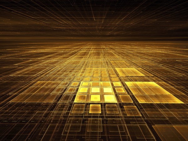 Golden tiles - abstract computer-generated 3d illustration. Fractal art - plane with glowing grid. Perspective composition. For banners, flyers, covers
