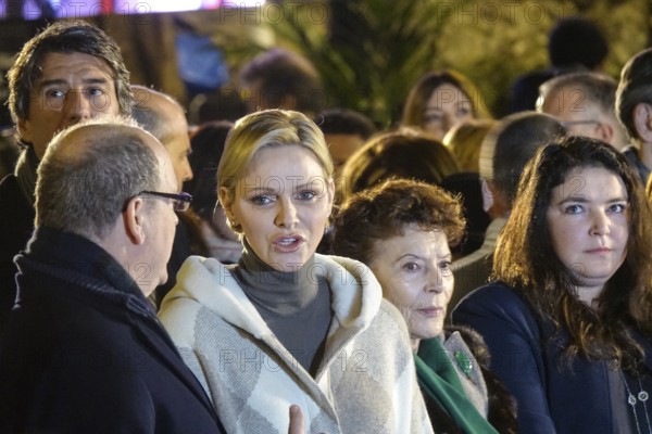 Celebration in honour of the patron saint of the Principality of Monaco Sainte Devote in front of the chapel of the same name with Prince Albert II, Princess Charlene and the children Prince Jacques and Princess Gabriella of Monaco, Principality of Monaco, Mediterranean Sea