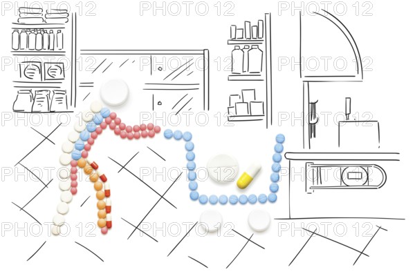 Creative medicine and healthcare concept of pills, drugs in shopping trolley, made on sketchy background