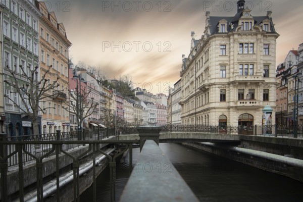 Cityscape in winter. Cityscape with historic buildings in an old town from the Baroque period. Cityscape Karlovy Vary, Czech Republic