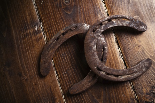 Equestrian background. Lucky old horseshoes laying at wooden background