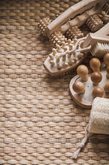 Skincare articles on wicker background healthcare concept