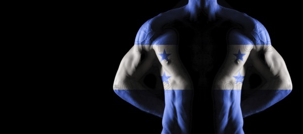 Honduras flag on muscled male torso with abs, black background