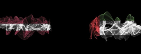 Flags of Latvia and UAE on Black background, Latvia vs United Arab Emirates Smoke Flags
