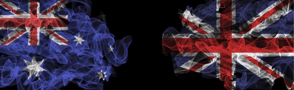 Flags of Australia and the United Kingdom on a black background, Australia vs. United Kingdom Smoke Flags