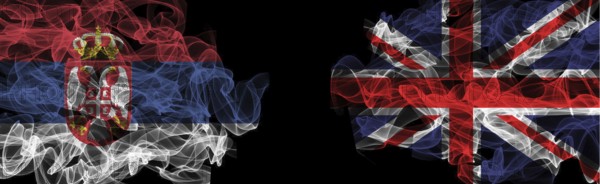 Flags of Serbia and United Kingdom on Black background, Serbia vs United Kingdom Smoke Flags