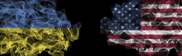 Flags of Ukraine and USA on Black background, Ukraine vs USA Smoke Flags