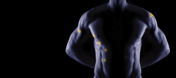 Alaska flag on muscled male torso with abs, Alaska bodybuilding concept, black background