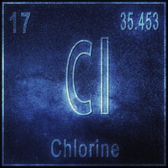 Chlorine chemical element, Sign with atomic number and atomic weight, Periodic Table Element