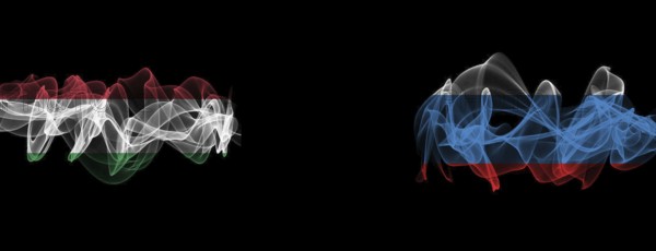 Flags of Hungary and Russia on Black background, Hungary vs Russia Smoke Flags