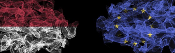 Flags of Indonesia and EU on Black background, Indonesia vs Europe Union Smoke Flags