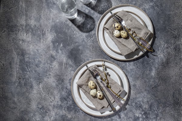 Food, Food, Easter festive table setting with quail eggs. top view