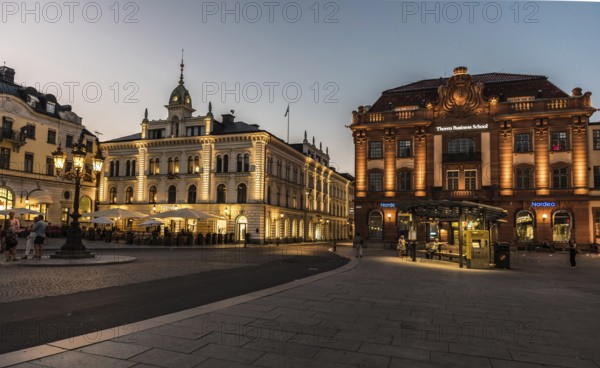 Uppsala, Uppland, Sweden, 07 27 2019 The city hall and the Thoren business School by night