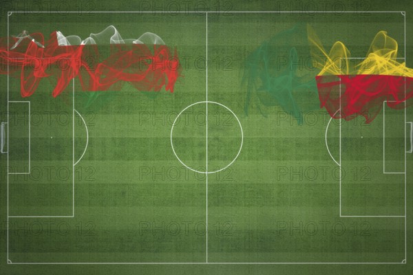 Oman vs Benin Soccer Match, national colors, national flags, soccer field, football game, Competition concept, Copy space