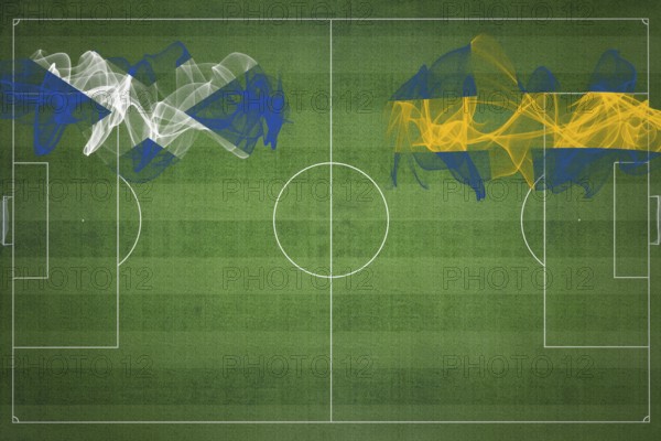 Scotland vs Sweden Soccer Match, national colors, national flags, soccer field, football game, Competition concept, Copy space