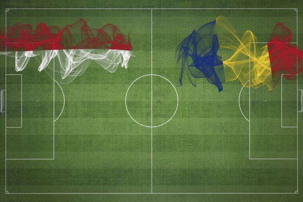 Indonesia vs Romania Soccer Match, national colors, national flags, soccer field, football game, Competition concept, Copy space
