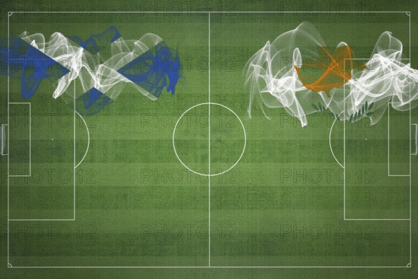 Scotland vs Cyprus Soccer Match, national colors, national flags, soccer field, football game, Competition concept, Copy space