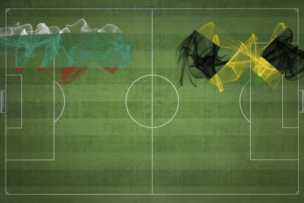 Bulgaria vs Jamaica Soccer Match, national colors, national flags, soccer field, football game, Competition concept, Copy space