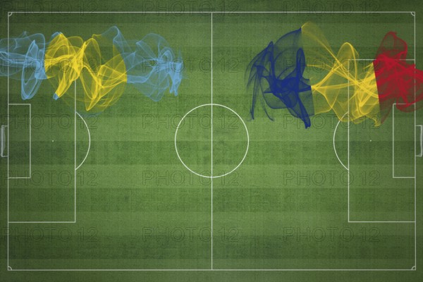 Palau vs Romania Soccer Match, national colors, national flags, soccer field, football game, Competition concept, Copy space