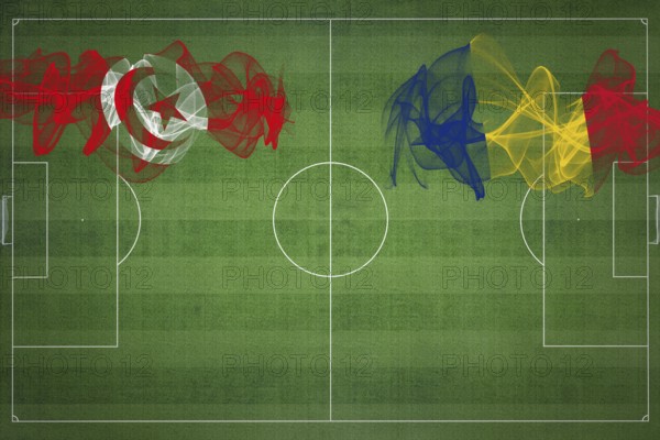 Tunisia vs Romania Soccer Match, national colors, national flags, soccer field, football game, Competition concept, Copy space