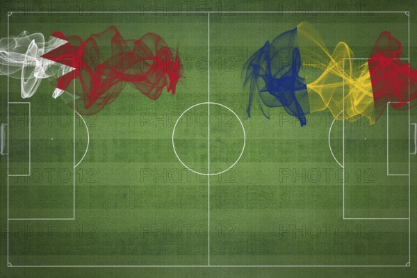 Bahrain vs Romania Soccer Match, national colors, national flags, soccer field, football game, Competition concept, Copy space