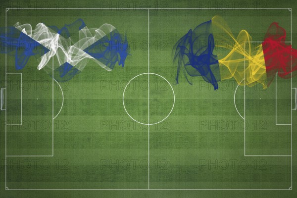 Scotland vs Romania Soccer Match, national colors, national flags, soccer field, football game, Competition concept, Copy space