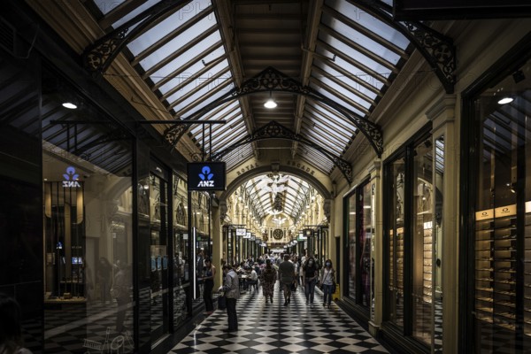 MELBOURNE, AUSTRALIA, MARCH 5, 2022: The iconic Royal arcade shopping precinct on Bourke St in Melbourne CBD, Victoria, Australia